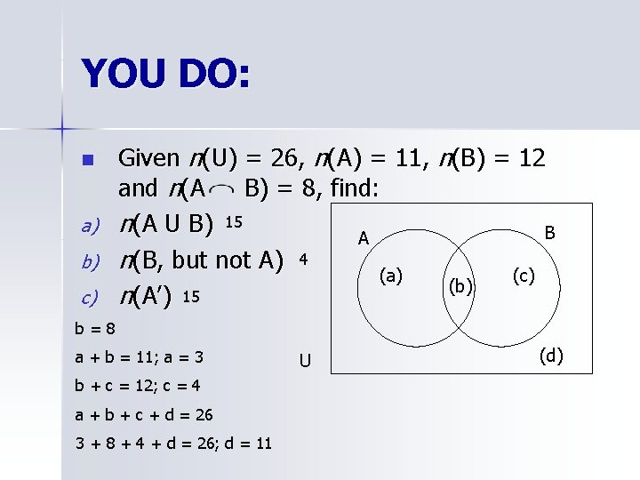 YOU DO: n a) b) c) Given n(U) = 26, n(A) = 11, n(B)