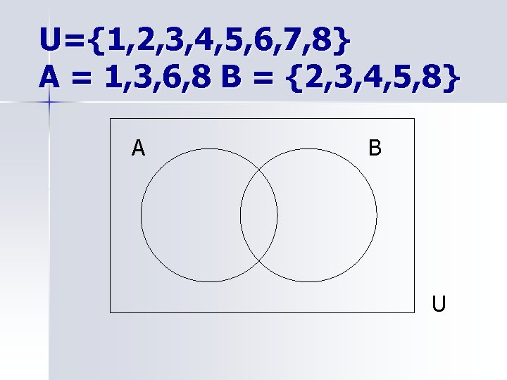 U={1, 2, 3, 4, 5, 6, 7, 8} A = 1, 3, 6, 8