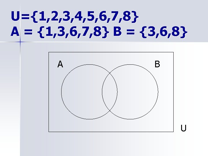 U={1, 2, 3, 4, 5, 6, 7, 8} A = {1, 3, 6, 7,