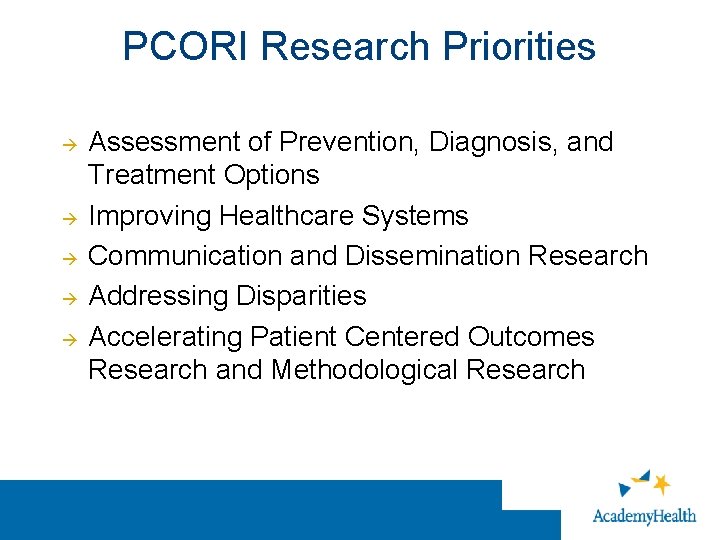 PCORI Research Priorities Assessment of Prevention, Diagnosis, and Treatment Options Improving Healthcare Systems Communication