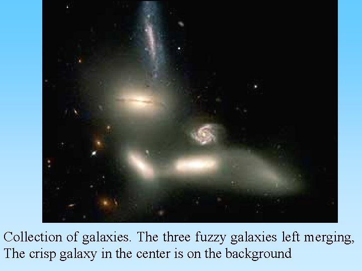 Collection of galaxies. The three fuzzy galaxies left merging, The crisp galaxy in the