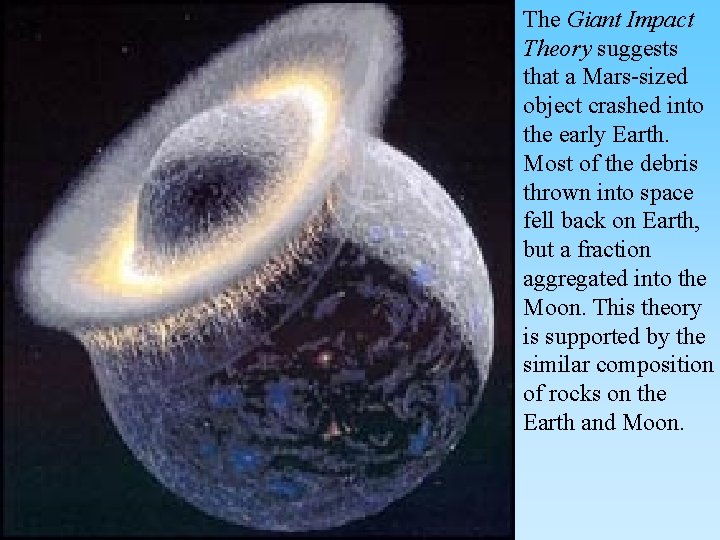 The Giant Impact Theory suggests that a Mars-sized object crashed into the early Earth.