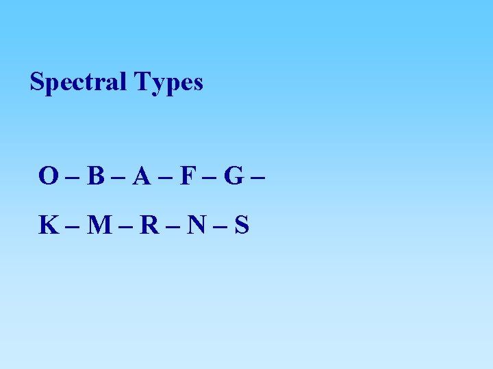 Spectral Types O – B – A – F – G – K –