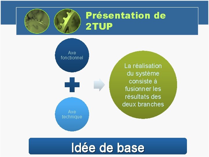 Présentation de 2 TUP Axe fonctionnel La réalisation du système consiste à fusionner les