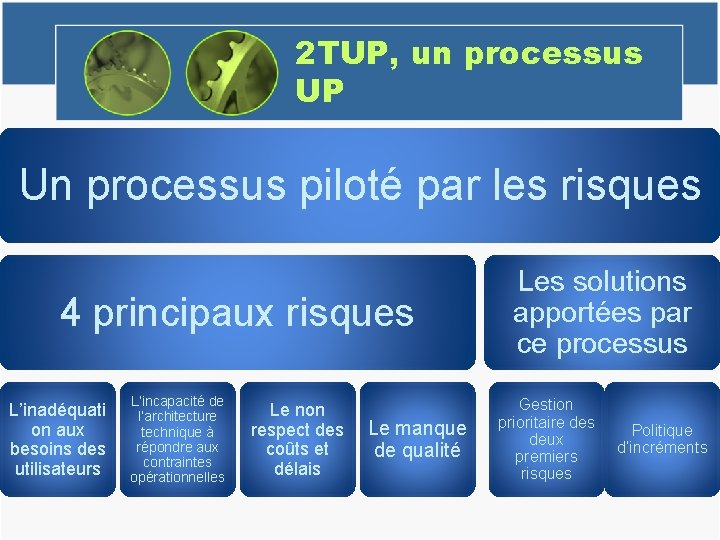 2 TUP, un processus UP Un processus piloté par les risques 4 principaux risques