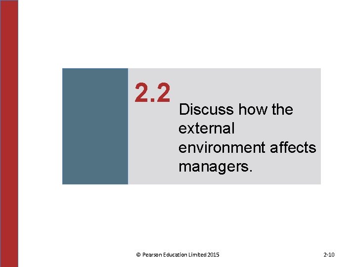 2. 2 Discuss how the external environment affects managers. © Pearson Education Limited 2015