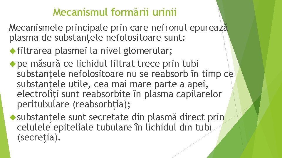 Mecanismul formării urinii Mecanismele principale prin care nefronul epurează plasma de substanţele nefolositoare sunt: