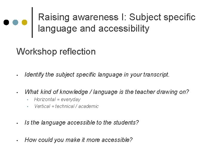 Raising awareness I: Subject specific language and accessibility Workshop reflection • Identify the subject