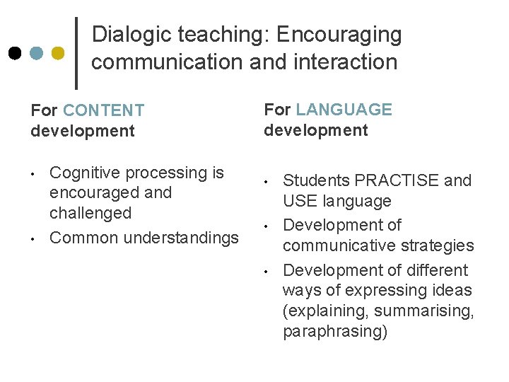 Dialogic teaching: Encouraging communication and interaction For CONTENT development • • Cognitive processing is