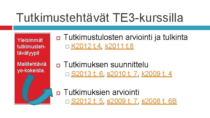 Tutkimustehtävät TE 3 -kurssilla Yleisimmät tutkimustehtävätyypit Mallitehtäviä yo-kokeista. Tutkimustulosten arviointi ja tulkinta � K