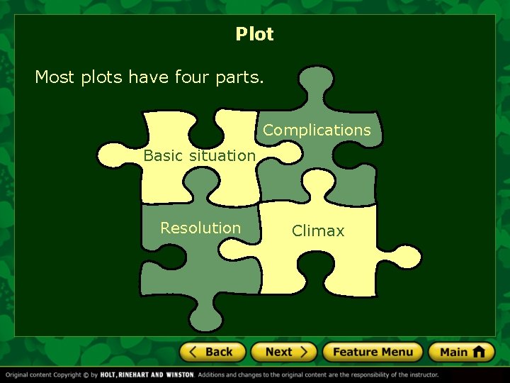 Plot Most plots have four parts. Complications Basic situation Resolution Climax 