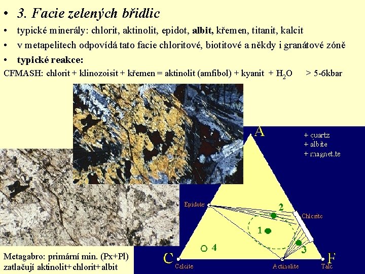  • 3. Facie zelených břidlic • typické minerály: chlorit, aktinolit, epidot, albit, křemen,