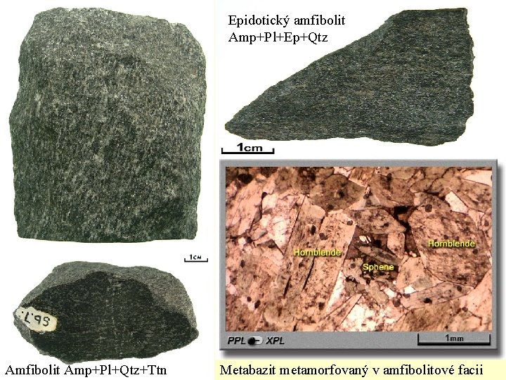 Epidotický amfibolit Amp+Pl+Ep+Qtz Amfibolit Amp+Pl+Qtz+Ttn Metabazit metamorfovaný v amfibolitové facii 