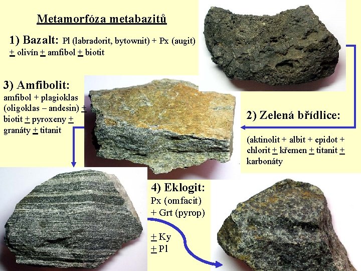 Metamorfóza metabazitů 1) Bazalt: Pl (labradorit, bytownit) + Px (augit) + olivín + amfibol