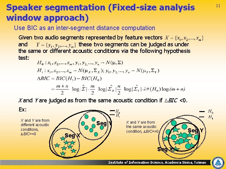 Speaker segmentation (Fixed-size analysis window approach) 11 Use BIC as an inter-segment distance computation