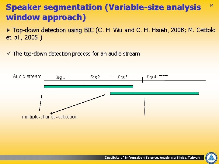 Speaker segmentation (Variable-size analysis window approach) 14 Ø Top-down detection using BIC (C. Top-down