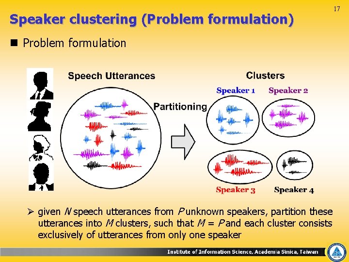 Speaker clustering (Problem formulation) 17 n Problem formulation Ø given N speech utterances from