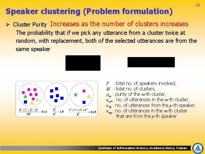 Speaker clustering (Problem formulation) 18 Ø Cluster Purity Increases as the number of clusters