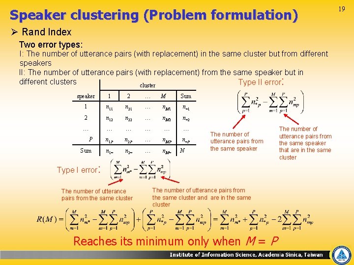 Speaker clustering (Problem formulation) Ø Rand Index Two error types: I: The number of