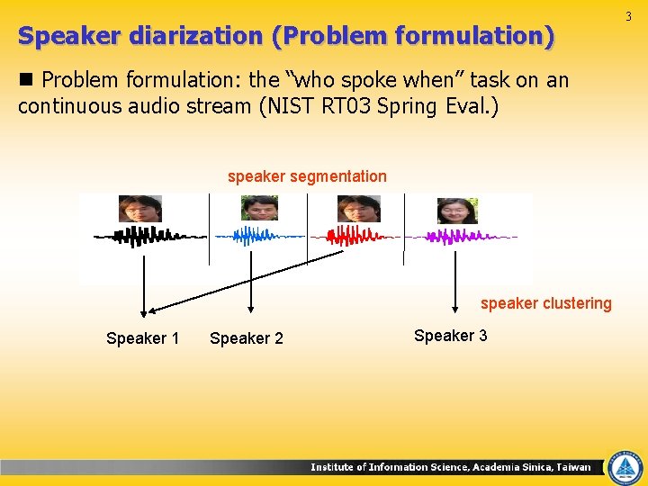 Speaker diarization (Problem formulation) n Problem formulation: the “who spoke when” task on an