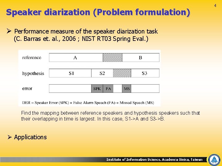 Speaker diarization (Problem formulation) Ø Performance measure of the speaker diarization task (C. Barras