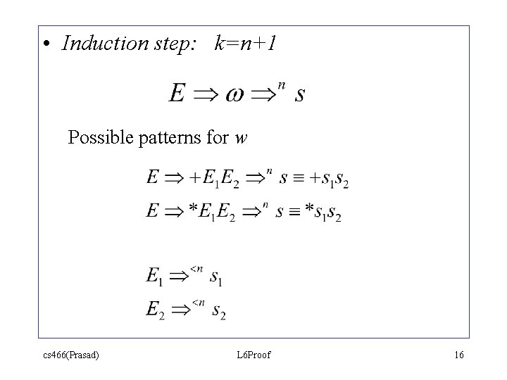 • Induction step: k=n+1 Possible patterns for w cs 466(Prasad) L 6 Proof • Induction step: k=n+1 Possible patterns for w cs 466(Prasad) L 6 Proof