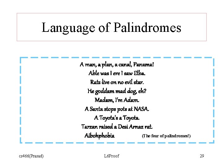 Language of Palindromes A man, a plan, a canal, Panama! Able was I ere Language of Palindromes A man, a plan, a canal, Panama! Able was I ere