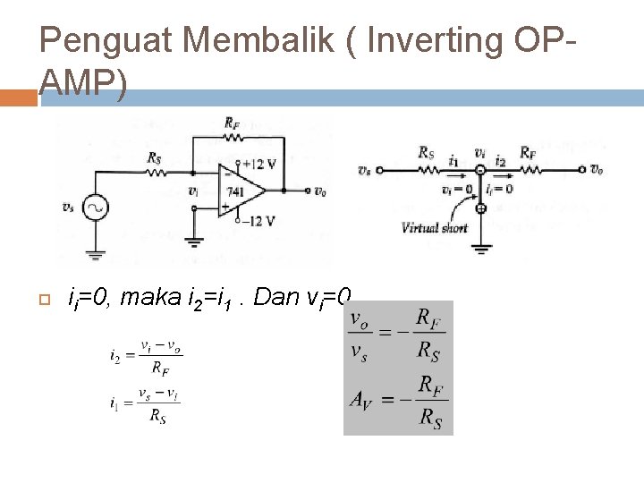 Penguat Membalik ( Inverting OPAMP) ii=0, maka i 2=i 1. Dan vi=0 10 