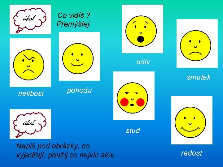 Co vidíš ? Přemýšlej. údiv smutek nelibost pohodu stud Napiš pod obrázky, co vyjadřují,