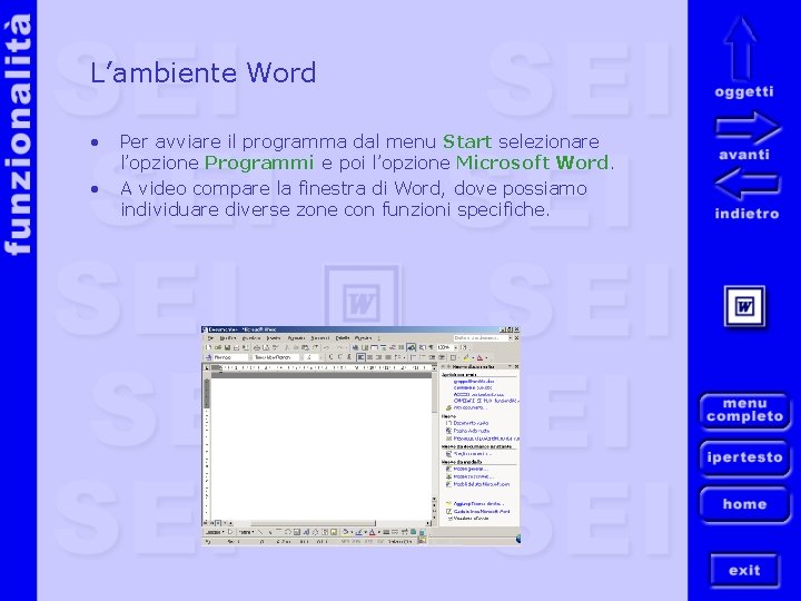 L’ambiente Word • • Per avviare il programma dal menu Start selezionare l’opzione Programmi