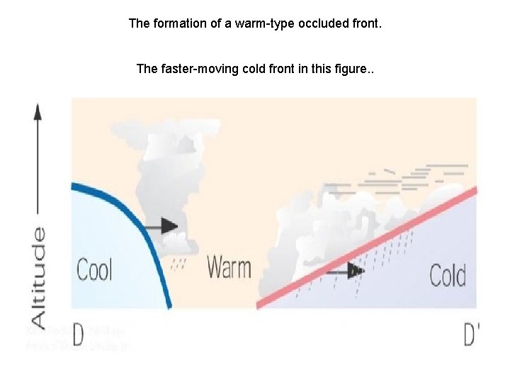 The formation of a warm-type occluded front. The faster-moving cold front in this figure.