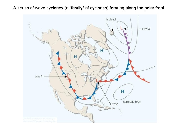 A series of wave cyclones (a "family" of cyclones) forming along the polar front