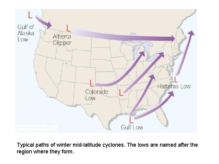 Typical paths of winter mid-latitude cyclones. The lows are named after the region where