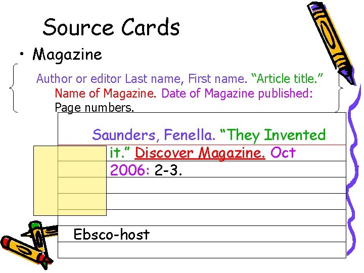 Source Cards • Magazine Author or editor Last name, First name. “Article title. ”
