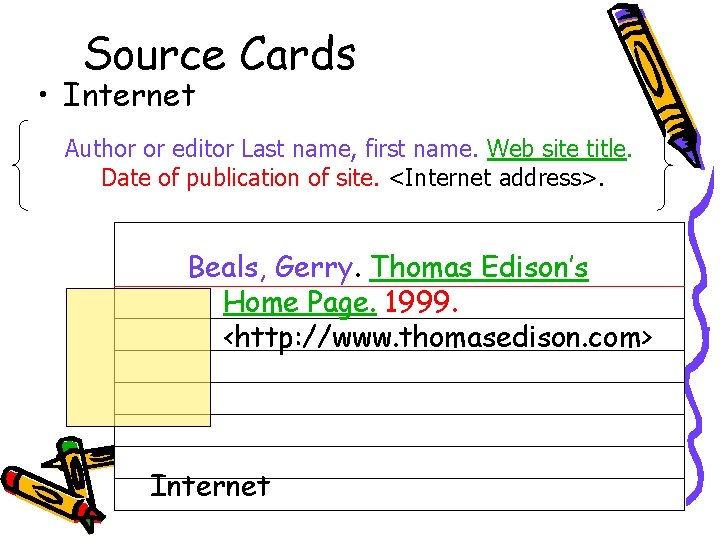 Source Cards • Internet Author or editor Last name, first name. Web site title.