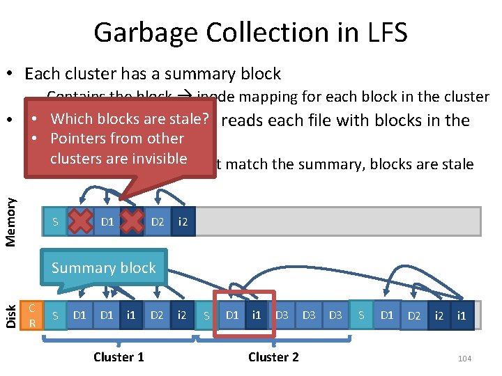 Garbage Collection in LFS • Each cluster has a summary block Memory – Contains