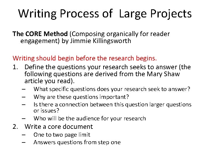 Writing Process of Large Projects The CORE Method (Composing organically for reader engagement) by