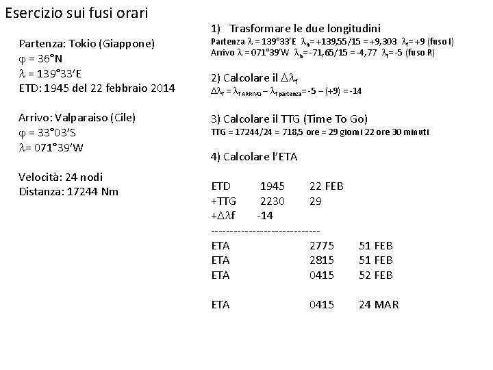 Esercizio sui fusi orari 1) Trasformare le due longitudini Partenza: Tokio (Giappone) j =