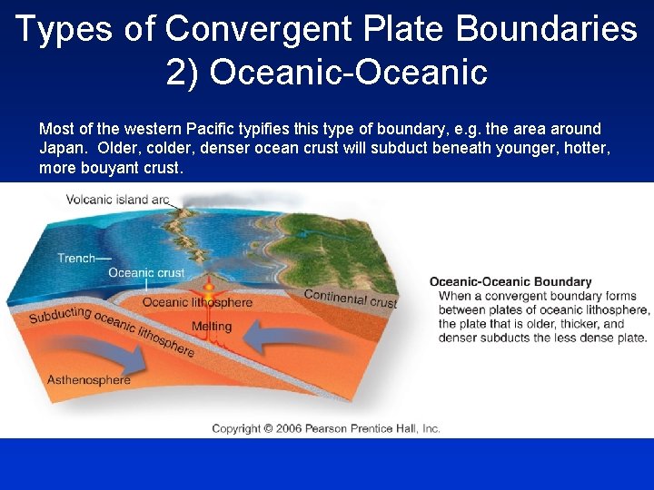 Types of Convergent Plate Boundaries 2) Oceanic-Oceanic Most of the western Pacific typifies this