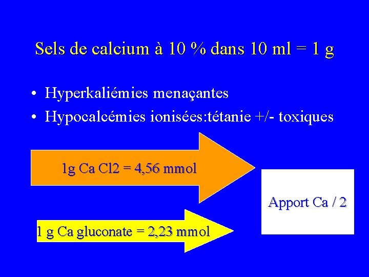 Sels de calcium à 10 % dans 10 ml = 1 g • Hyperkaliémies