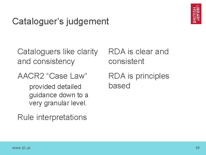 Cataloguer’s judgement Cataloguers like clarity and consistency RDA is clear and consistent AACR 2