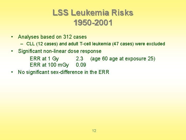 LSS Leukemia Risks 1950 -2001 • Analyses based on 312 cases – CLL (12