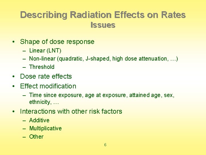 Describing Radiation Effects on Rates Issues • Shape of dose response – Linear (LNT)