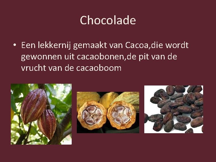 Chocolade • Een lekkernij gemaakt van Cacoa, die wordt gewonnen uit cacaobonen, de pit