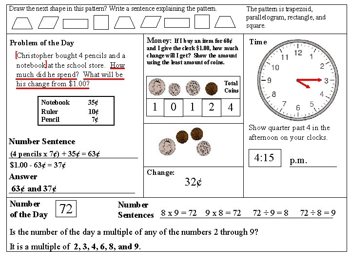 Draw the next shape in this pattern? Write a sentence explaining the pattern. Money: