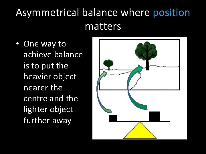 Asymmetrical balance where position matters • One way to achieve balance is to put