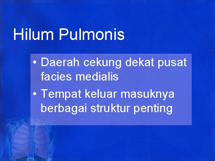 Hilum Pulmonis • Daerah cekung dekat pusat facies medialis • Tempat keluar masuknya berbagai Hilum Pulmonis • Daerah cekung dekat pusat facies medialis • Tempat keluar masuknya berbagai