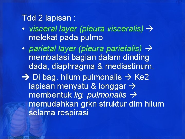 Tdd 2 lapisan : • visceral layer (pleura visceralis) melekat pada pulmo • parietal Tdd 2 lapisan : • visceral layer (pleura visceralis) melekat pada pulmo • parietal