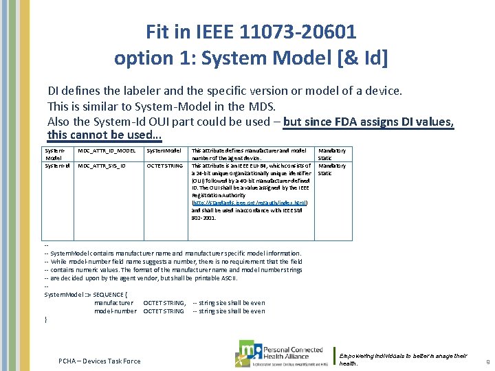 Fit in IEEE 11073 -20601 option 1: System Model [& Id] DI defines the