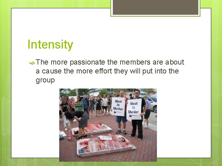 Intensity The more passionate the members are about a cause the more effort they